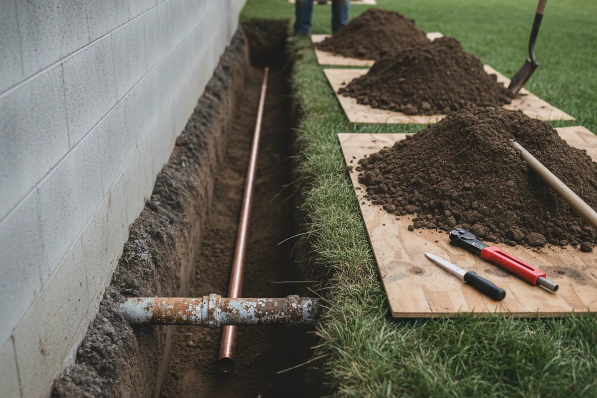 Excavated water line trench during Sewer Line Repair in Macungie